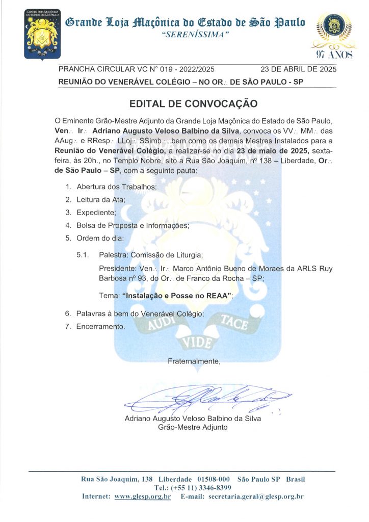 Edital e Convocação Venerável Colégio 23/05/2025